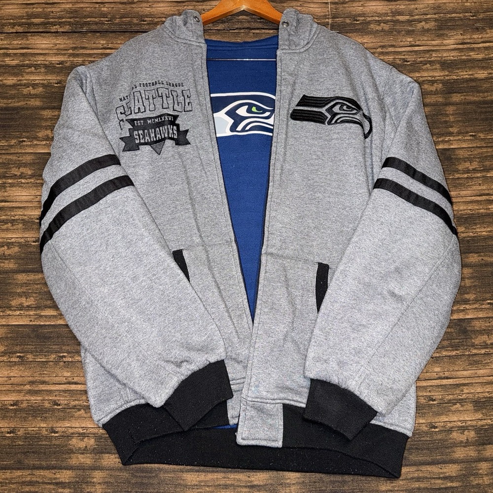NFL Seattle Seahawks Reversible Jacket Mens L Gray Full Zip Hooded Sweatshirt